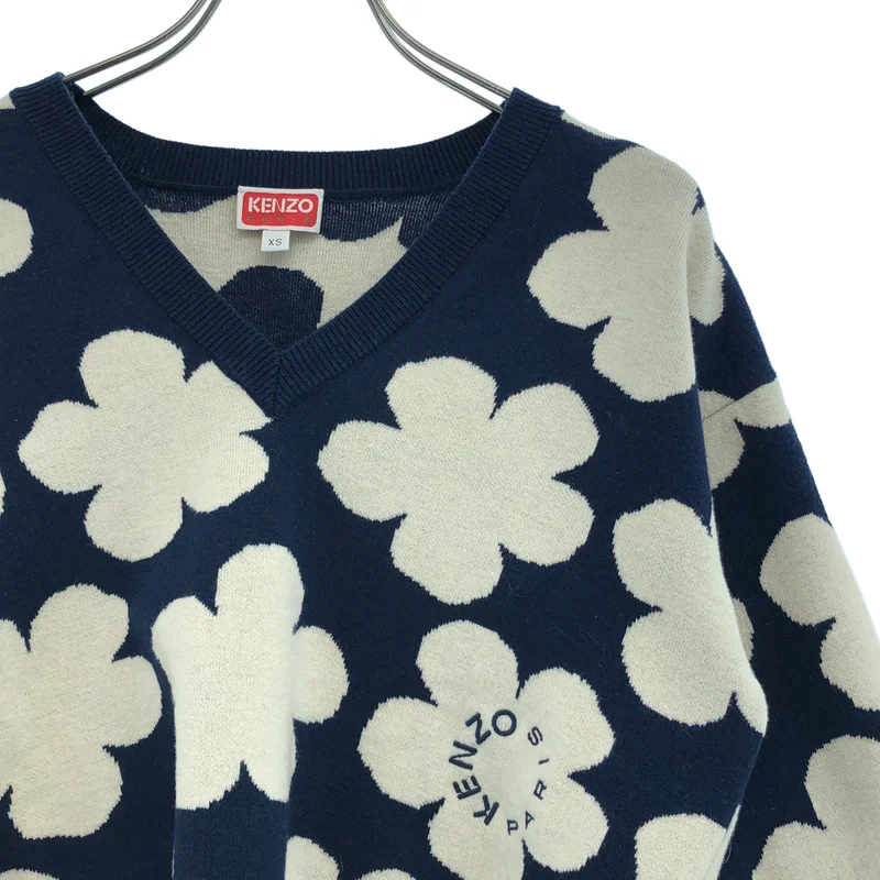 KENZO / ケンゾー | ウール コットン ボケフラワー Vネックニット | XS | レディース