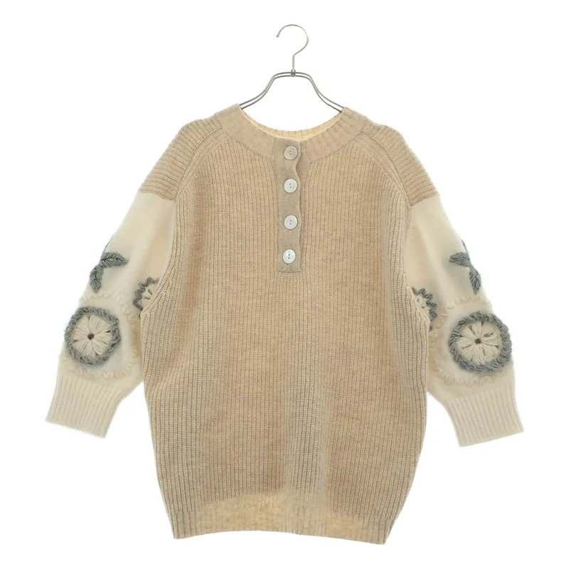 BEARDSLEY / ビアズリー | ウール混 フラワー刺しゅう ヘンリーネックニット | F | レディース